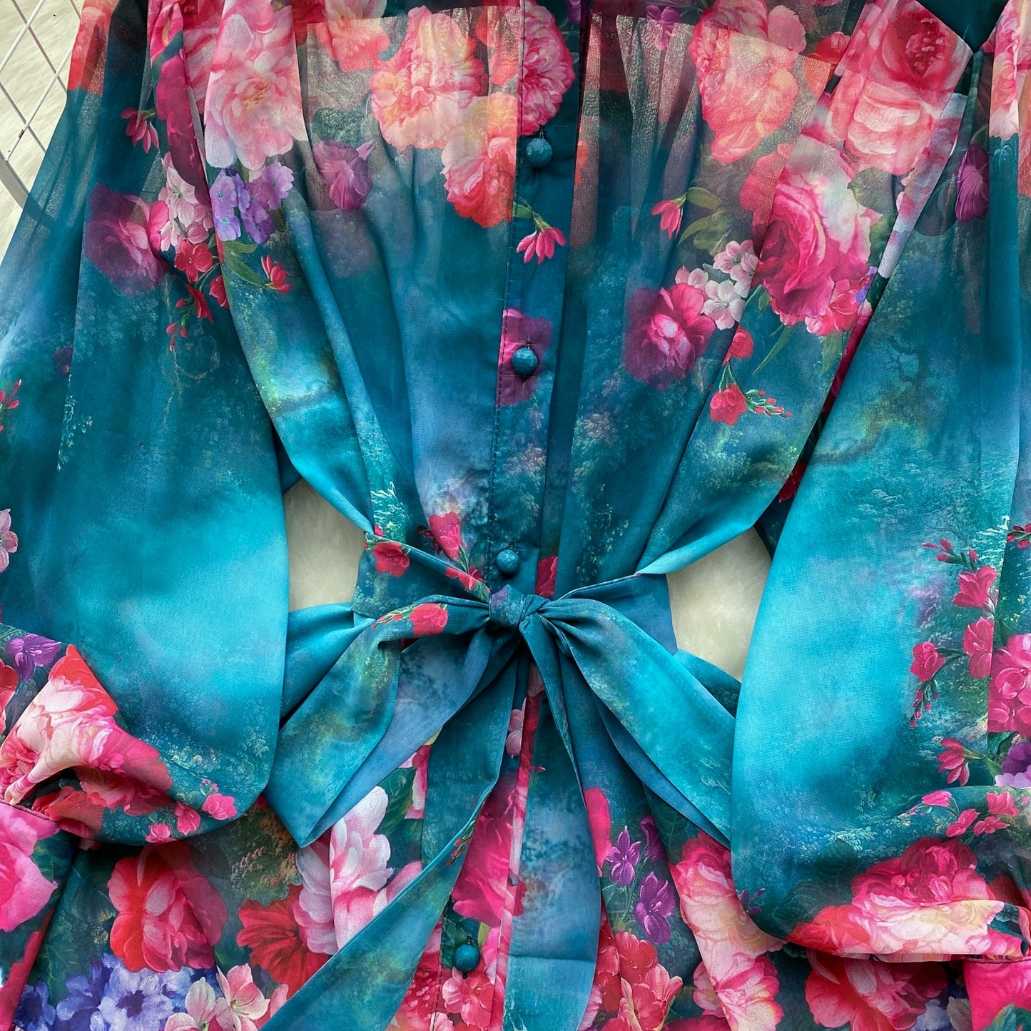 Floral Chiffon Lantern Sleeve Mini Dress