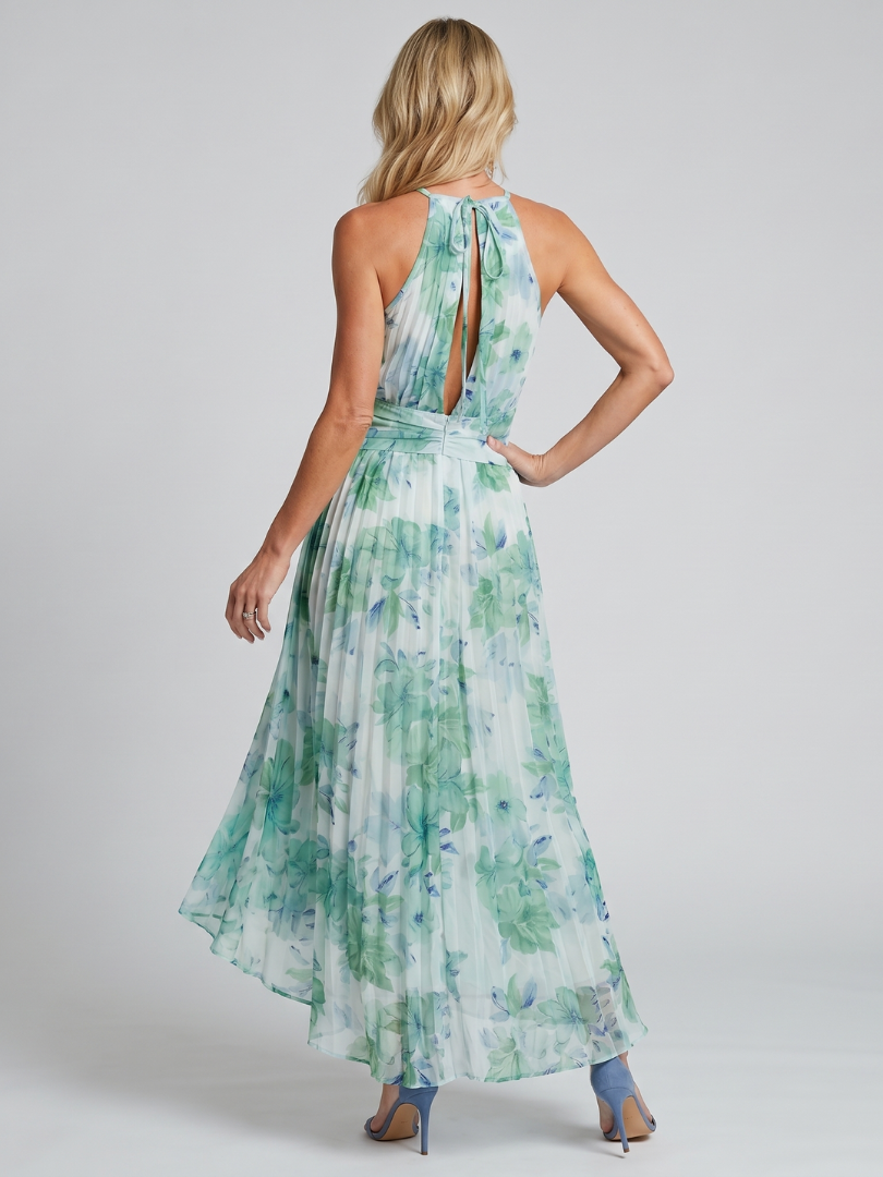 Portia | Midi-Length Folding Halter Dress with Delicate Floral Design