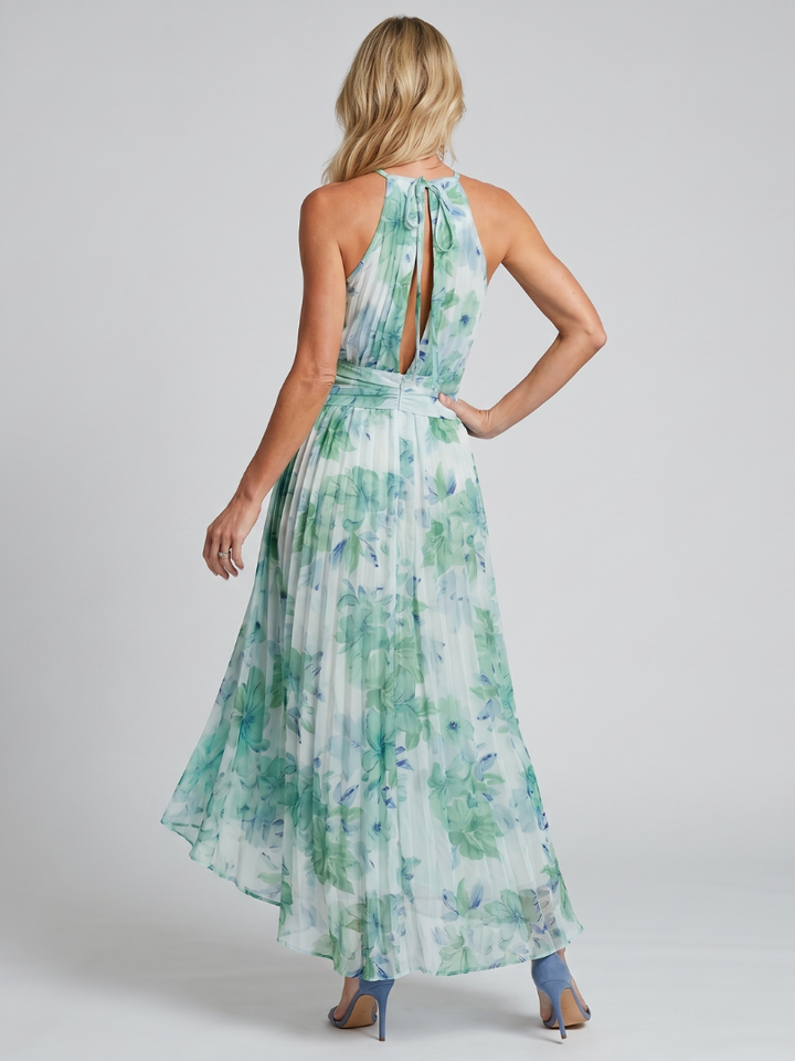 Portia | Midi-Length Folding Halter Dress with Delicate Floral Design
