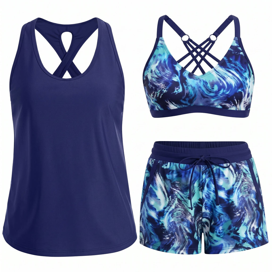 HONORIA | SPORTY THREE-PIECE TANKINI SET WITH POCKETS
