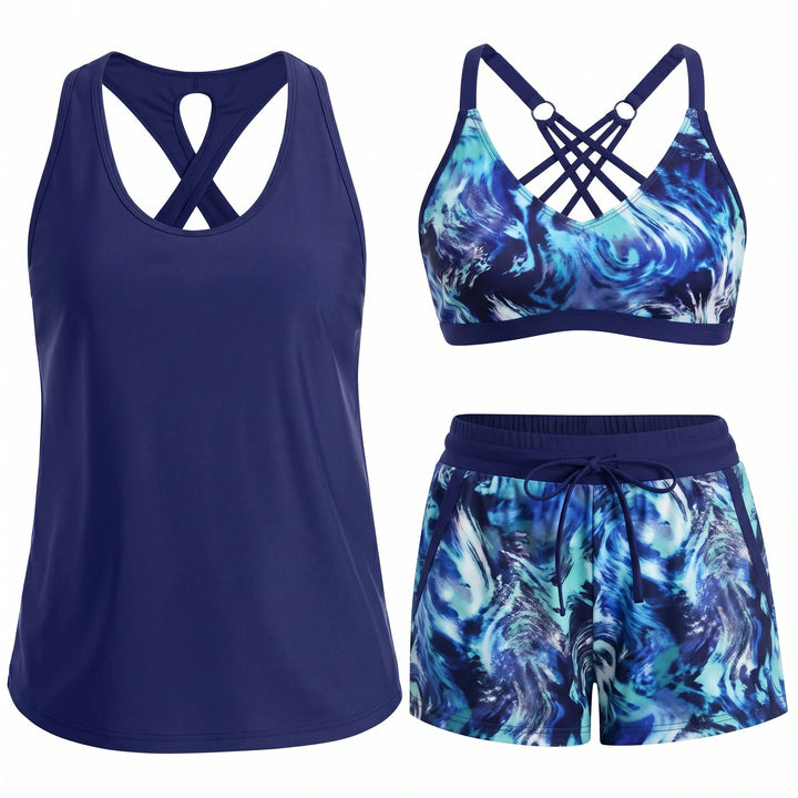 HONORIA | SPORTY THREE-PIECE TANKINI SET WITH POCKETS