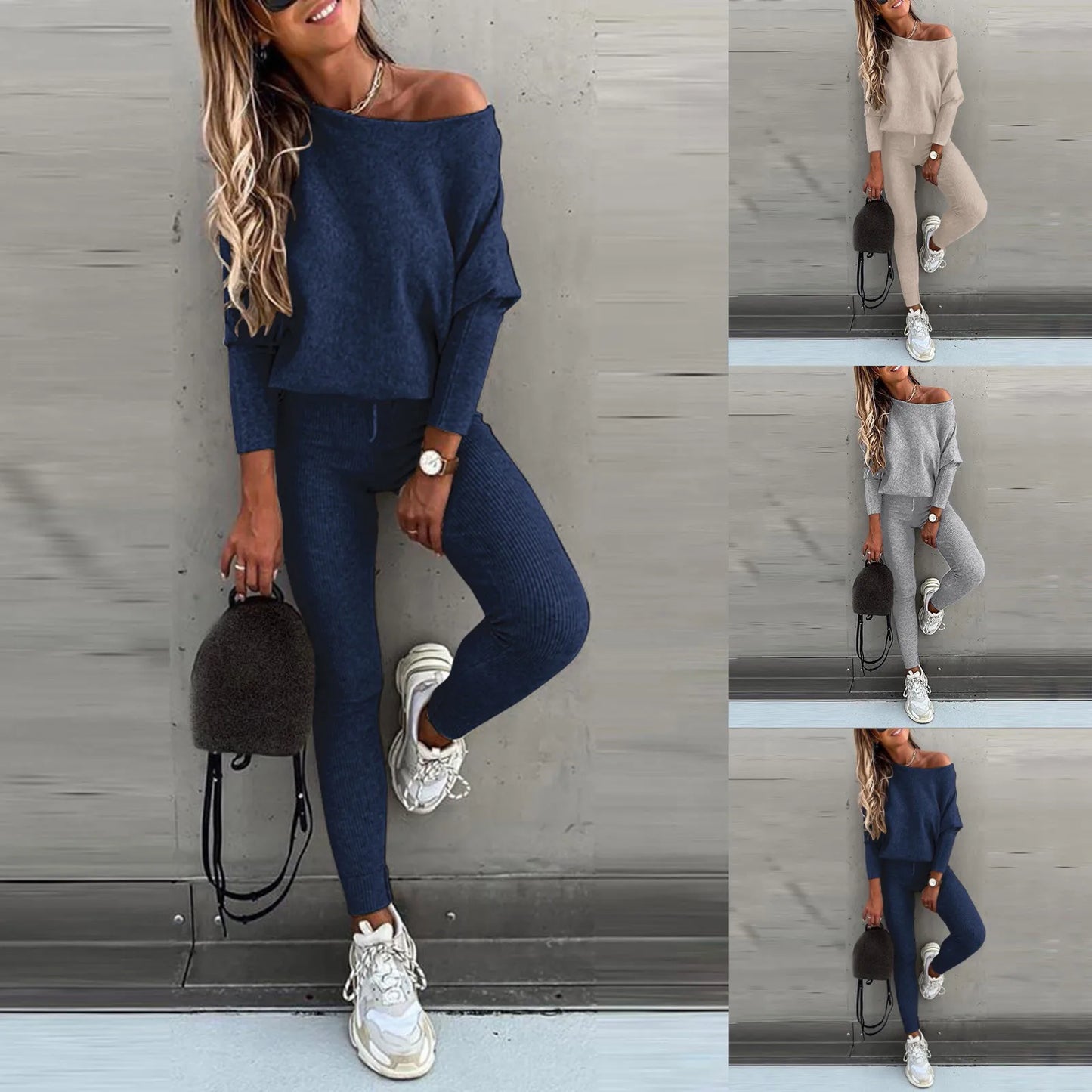 Knitwear Lounge Set Rib Legging Off Shoulder