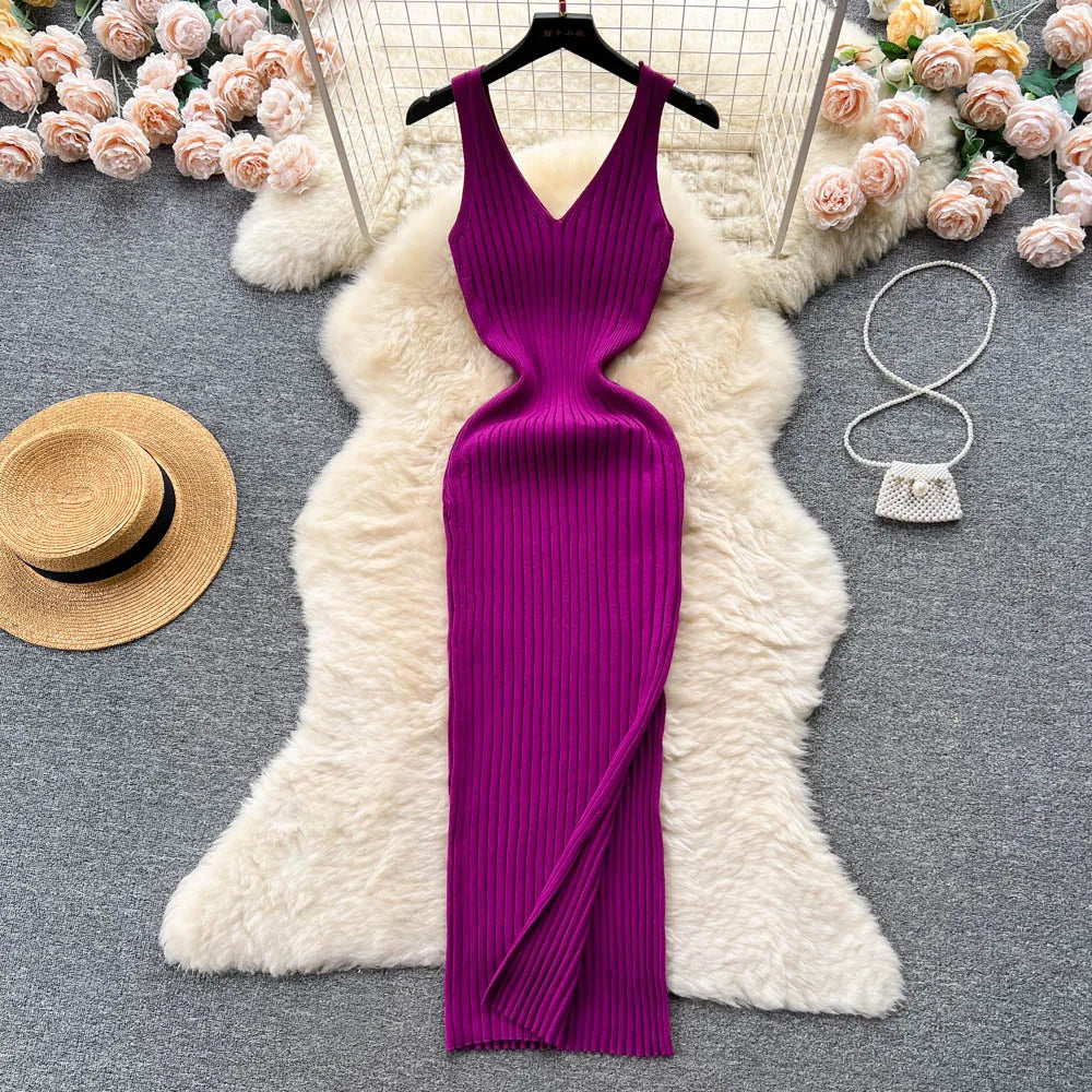 Knit Midi V-Neck Split Dress