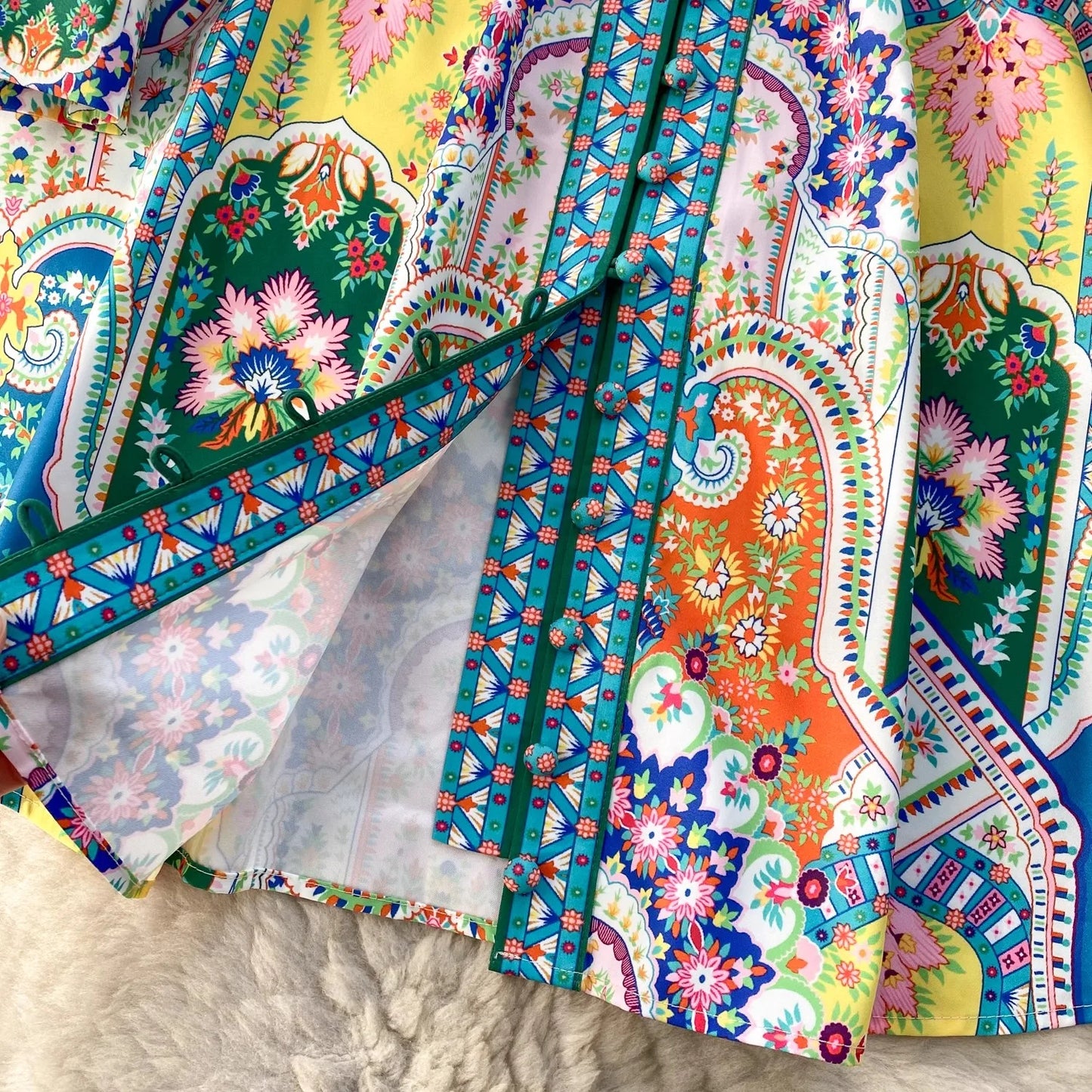 Paisley Belt Lantern Sleeve Mini Dress