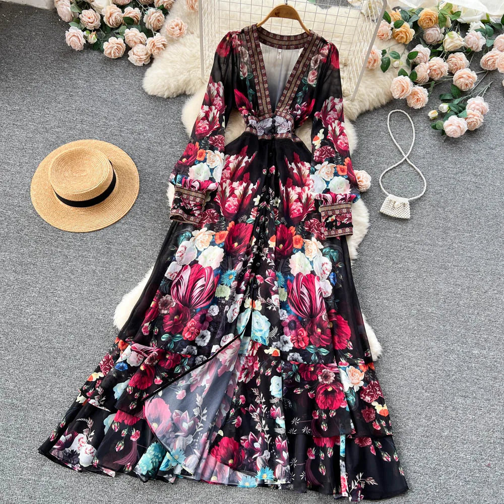 Chiffon Deep-V Flower Maxi Dress