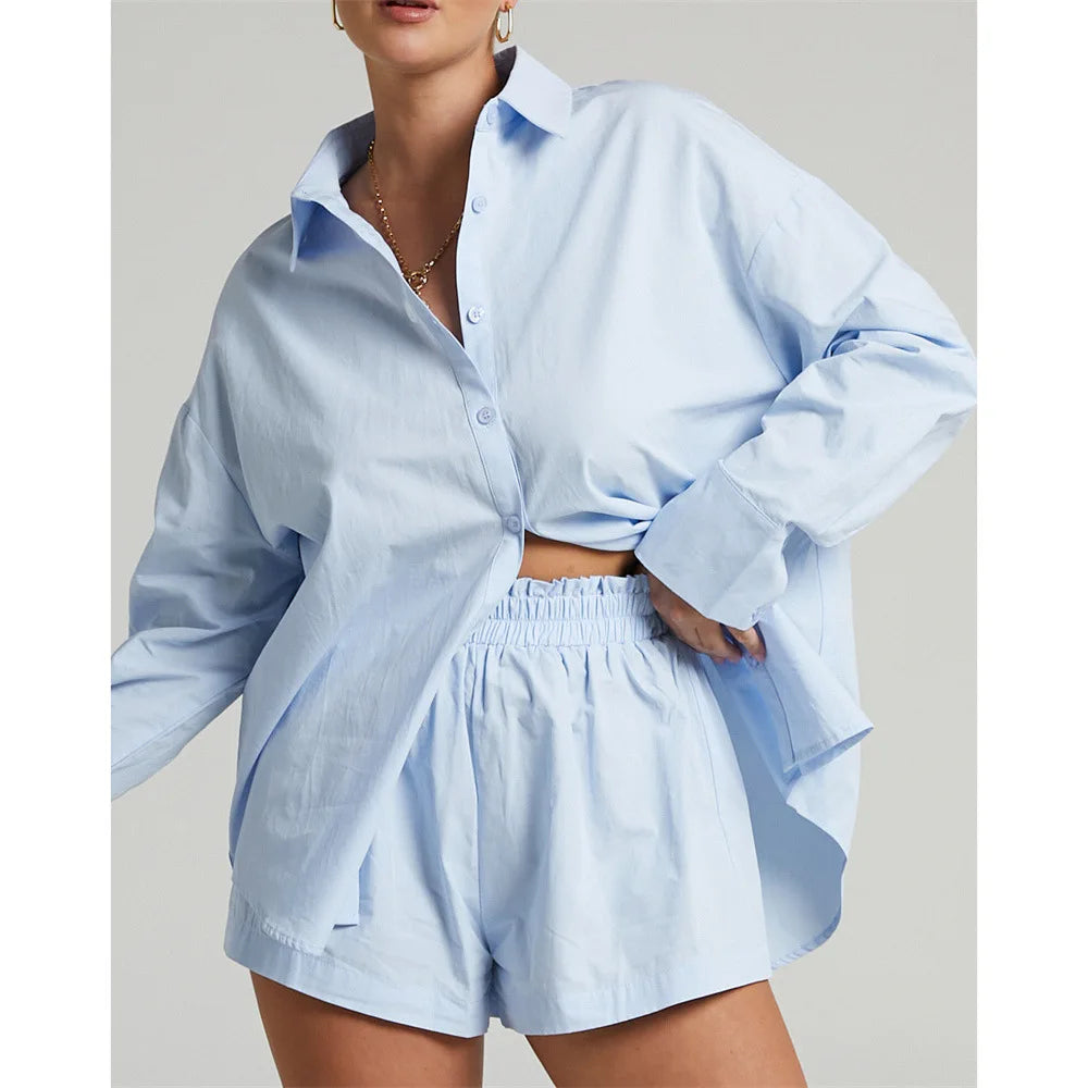 Cotton Shirt & Short Set Elastic Waist