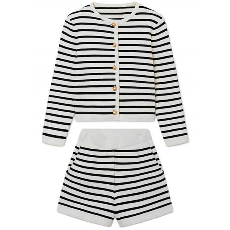 Stripe Cardigan Short Knitwear Set