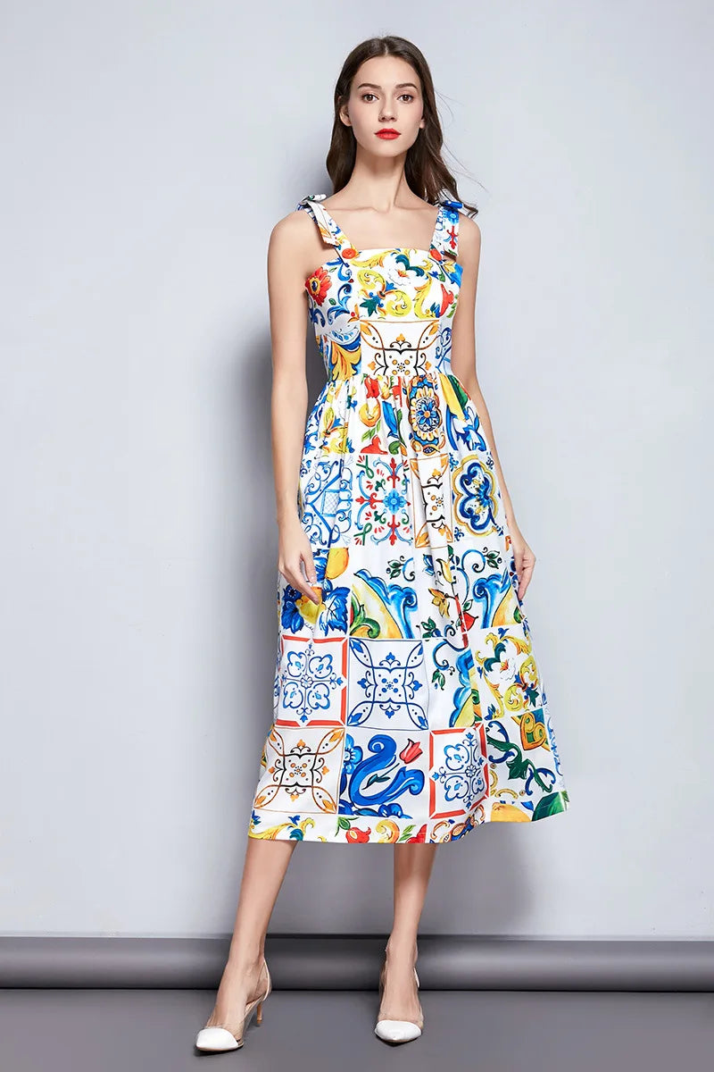 Italian Tile Bow Strap Maxi Dress