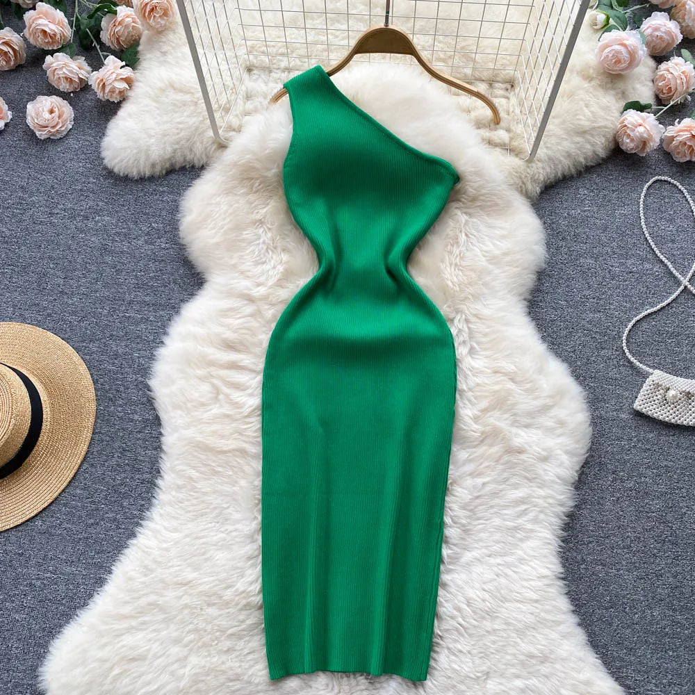 One Shoulder Knit Midi Dress