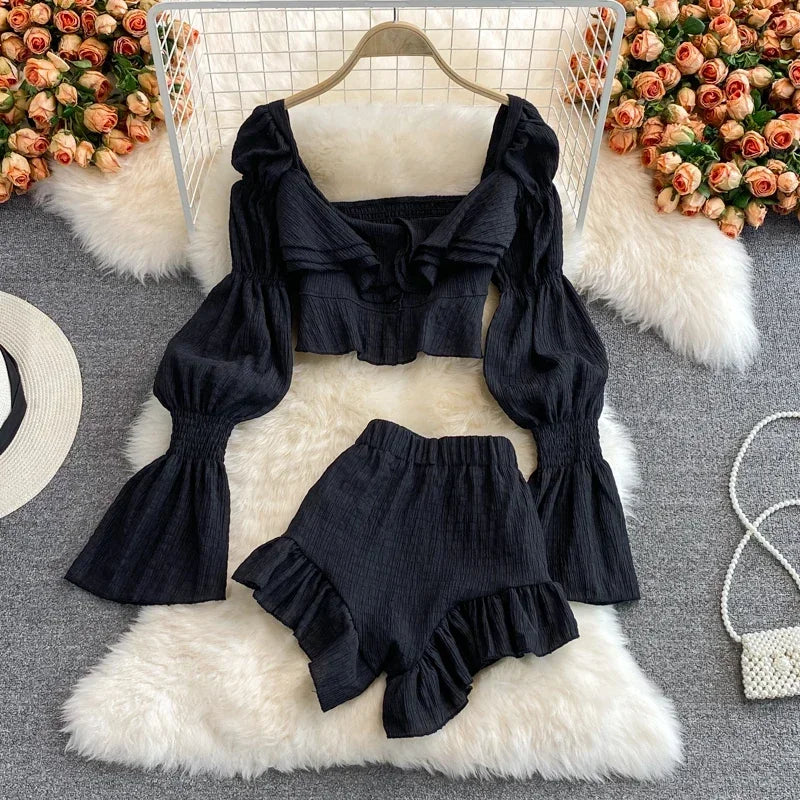 Puff Sleeve Ruffle Short Set