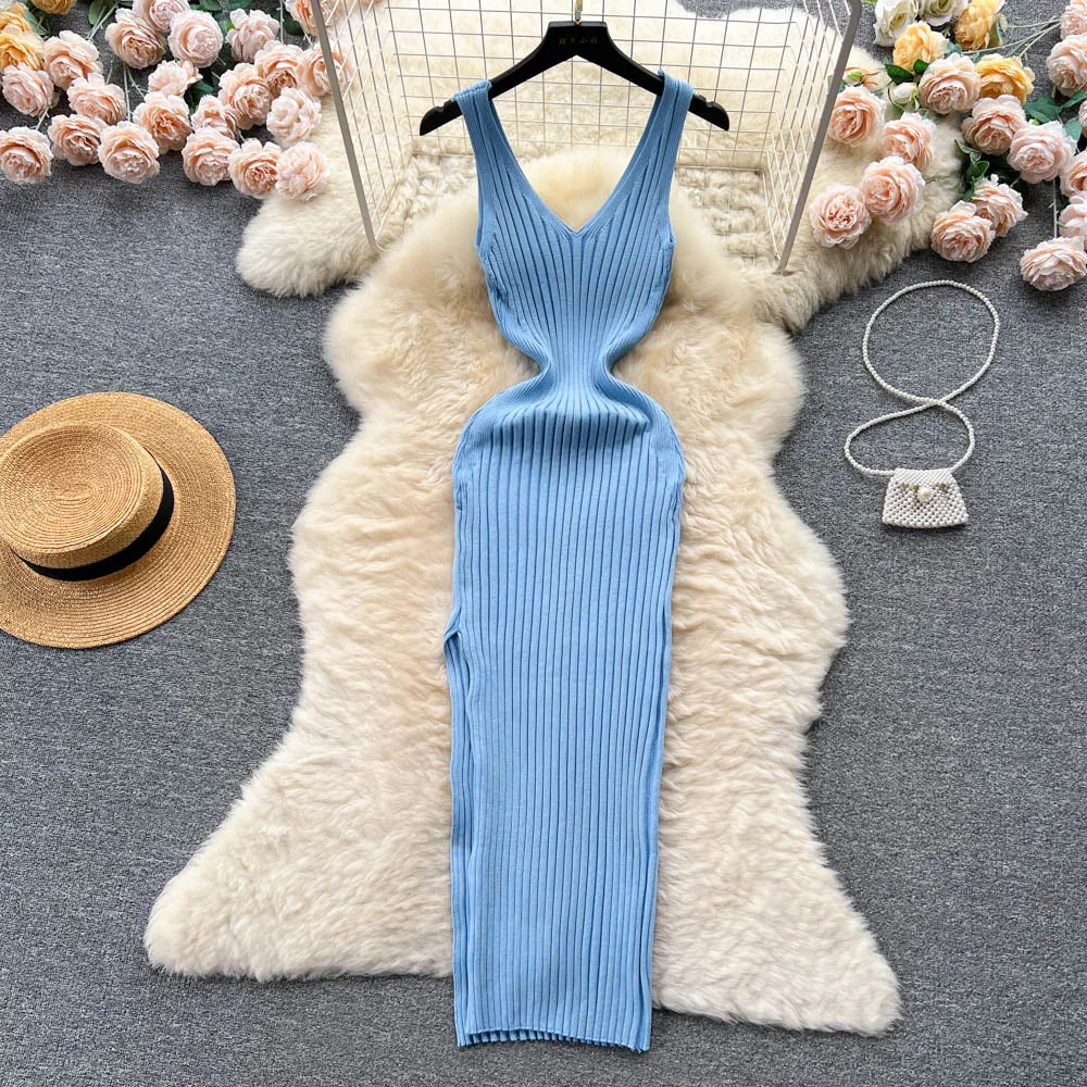 Knit Midi V-Neck Split Dress