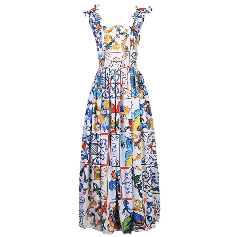 Italian Tile Bow Strap Maxi Dress