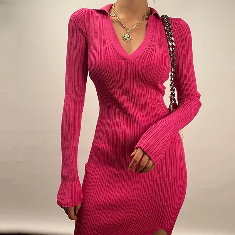 Polo Collar Rib Maxi Split Long Sleeve Dress