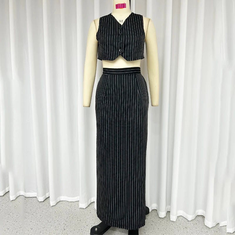 Pinstripe Maxi Skirt Vest Set