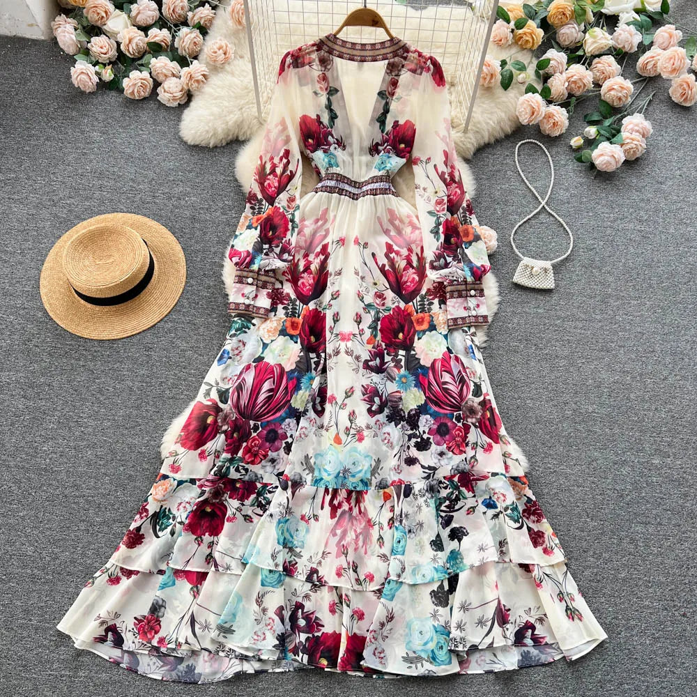 Chiffon Deep-V Flower Maxi Dress