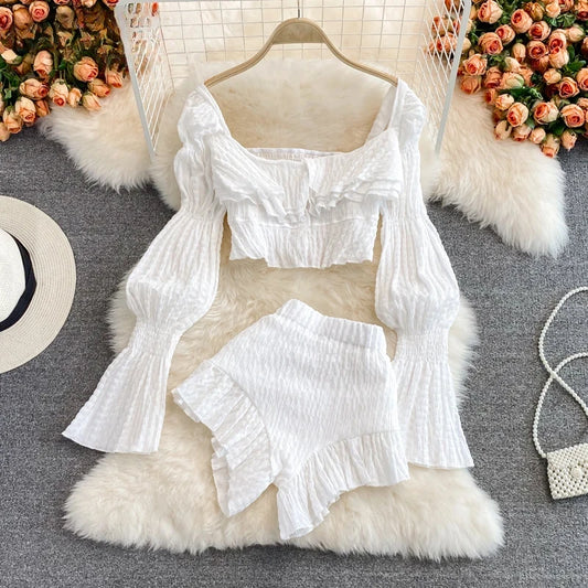 Puff Sleeve Ruffle Short Set