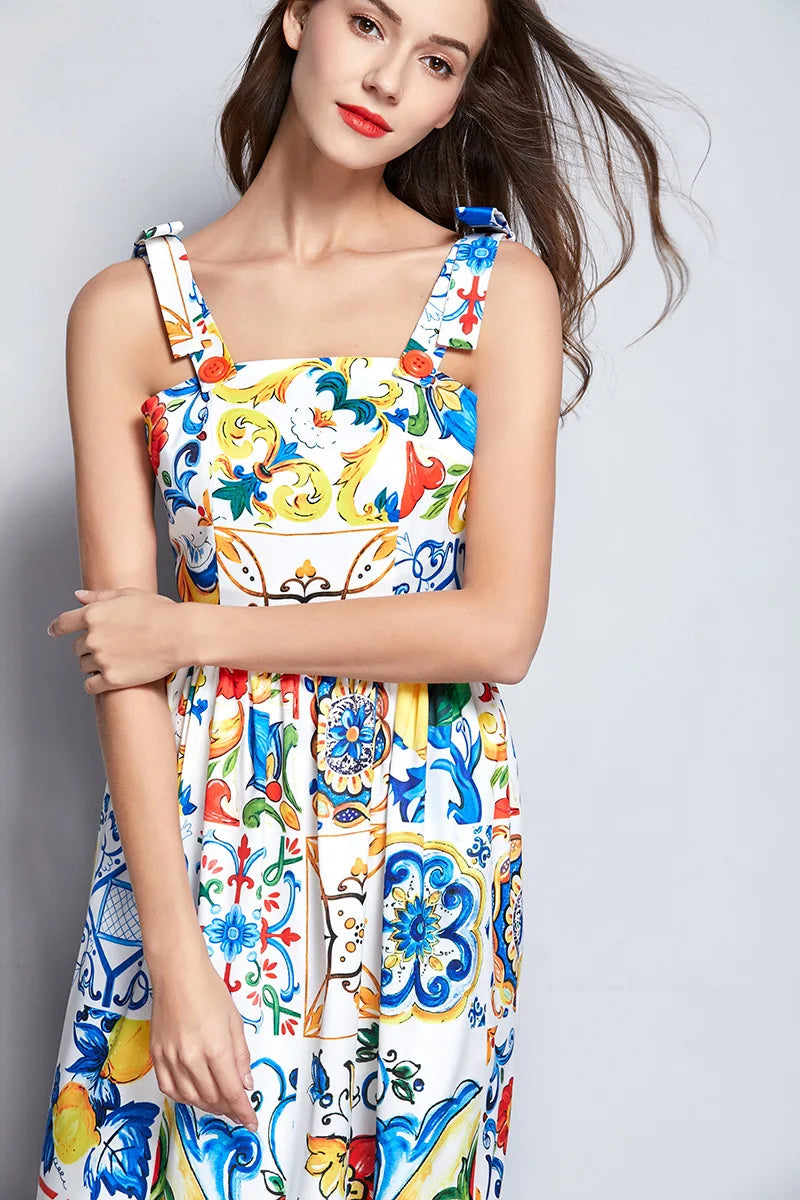 Italian Tile Bow Strap Maxi Dress