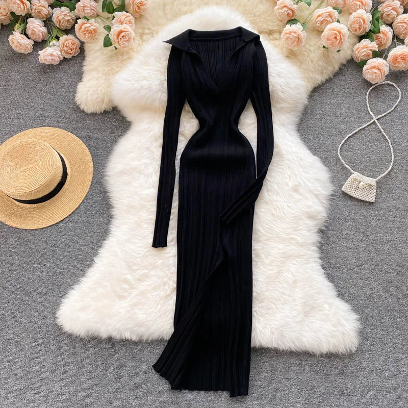 Polo Collar Rib Maxi Split Long Sleeve Dress