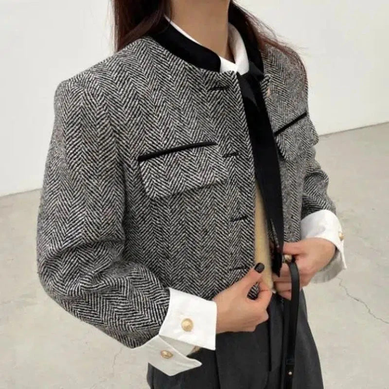 Herringbone White Shirt Cuff Wool Jacket