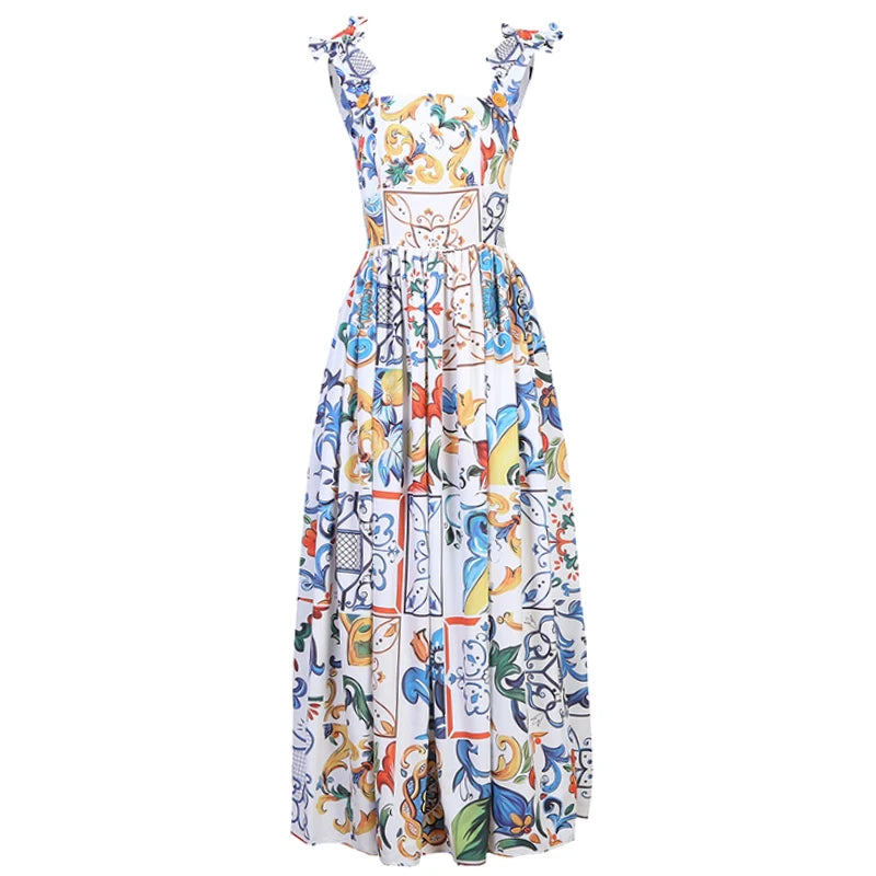 Italian Tile Bow Strap Maxi Dress