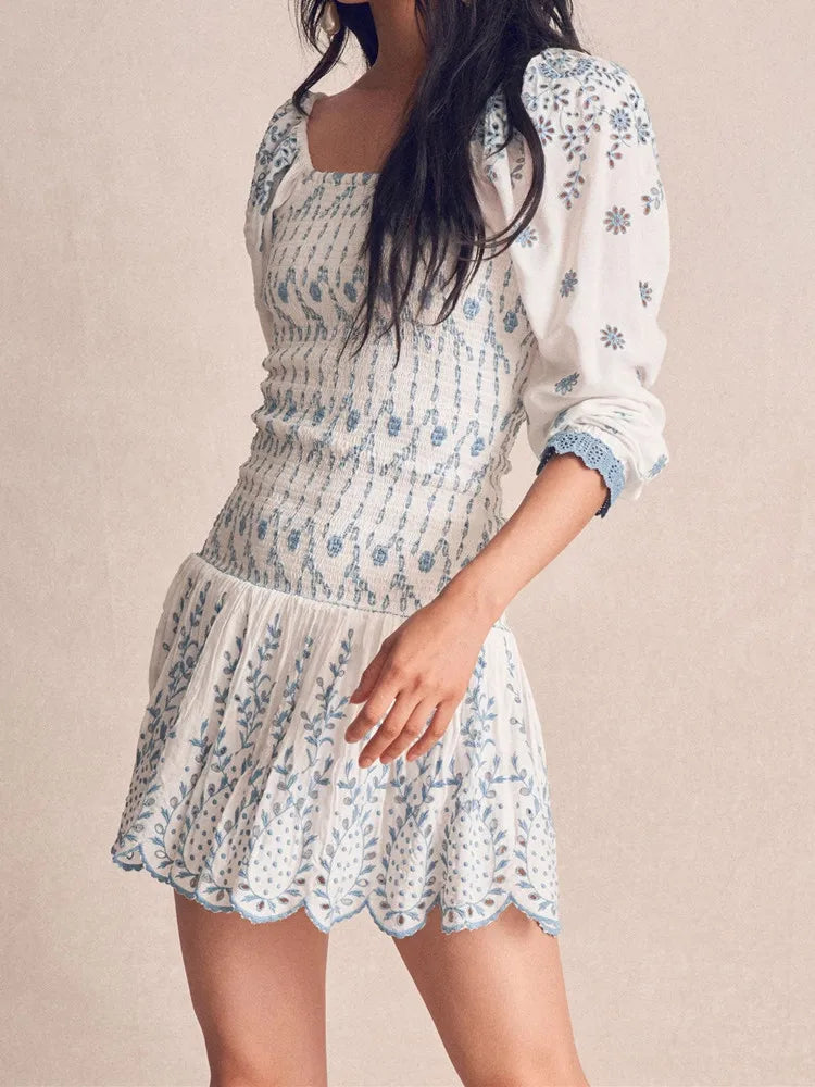 Floral Ruched Waist Long Sleeve Mini Dress