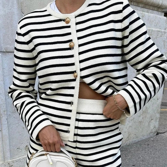 Stripe Cardigan Short Knitwear Set