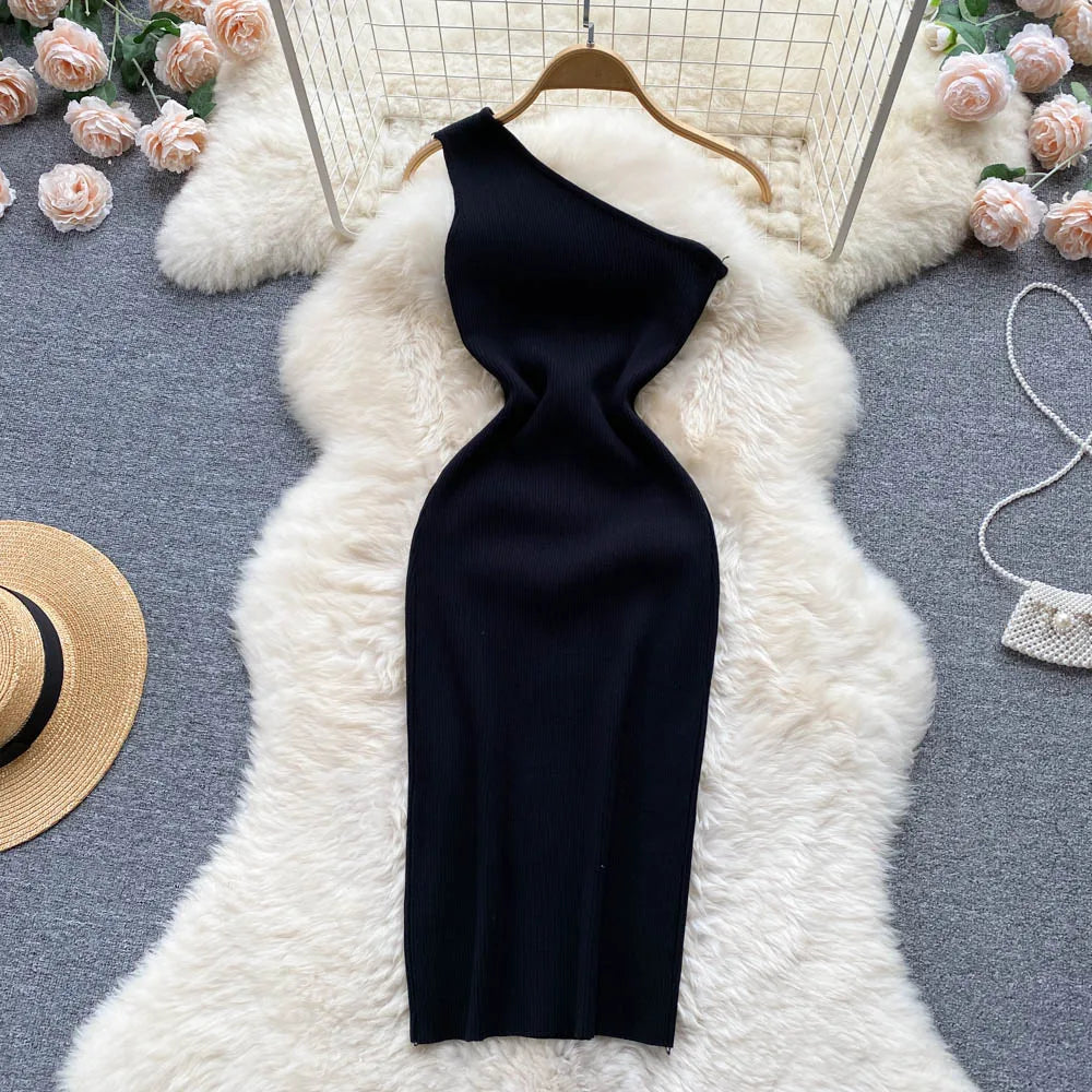 One Shoulder Knit Midi Dress