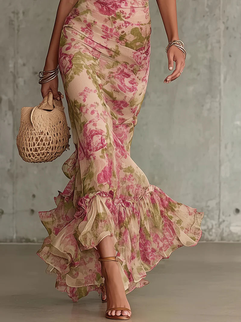 Retro Floral Maxi Dress with Puff Sleeves (Accessories Not Included)