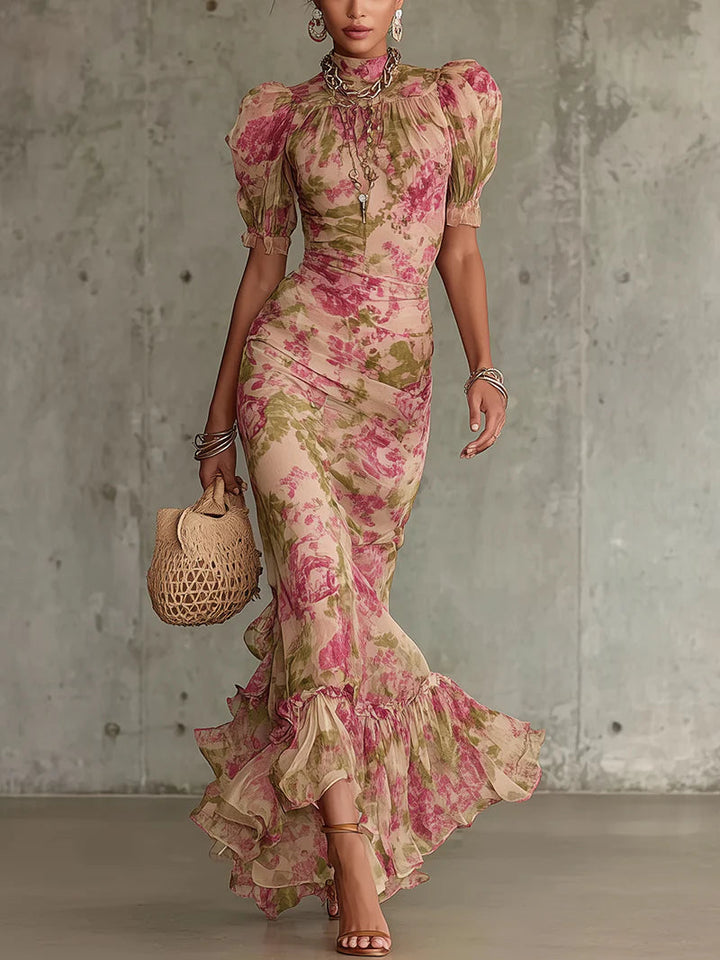 Retro Floral Maxi Dress with Puff Sleeves (Accessories Not Included)