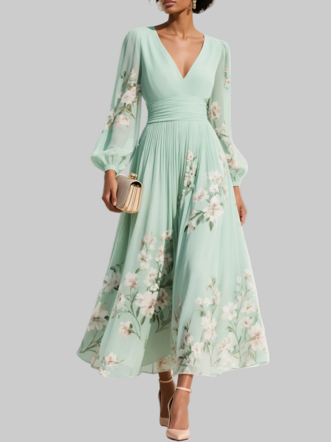 Aurora™ | Floral Pleated V-Neck Midi Dress