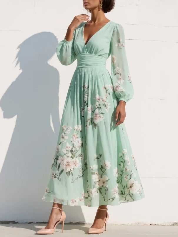 Aurora™ | Floral Pleated V-Neck Midi Dress