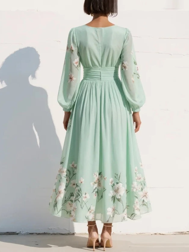 Aurora™ | Floral Pleated V-Neck Midi Dress