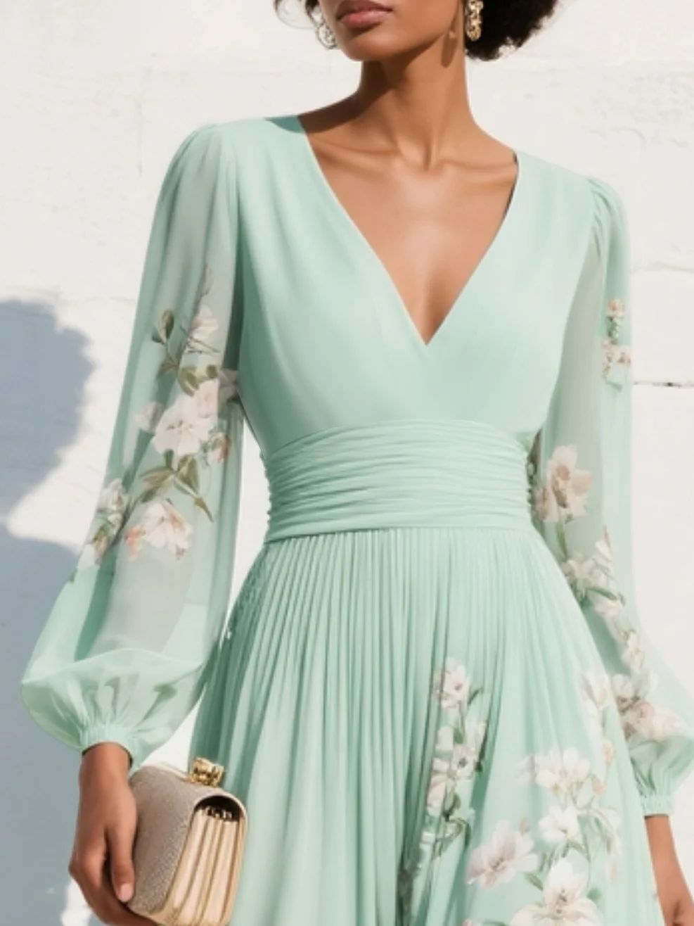 Aurora™ | Floral Pleated V-Neck Midi Dress