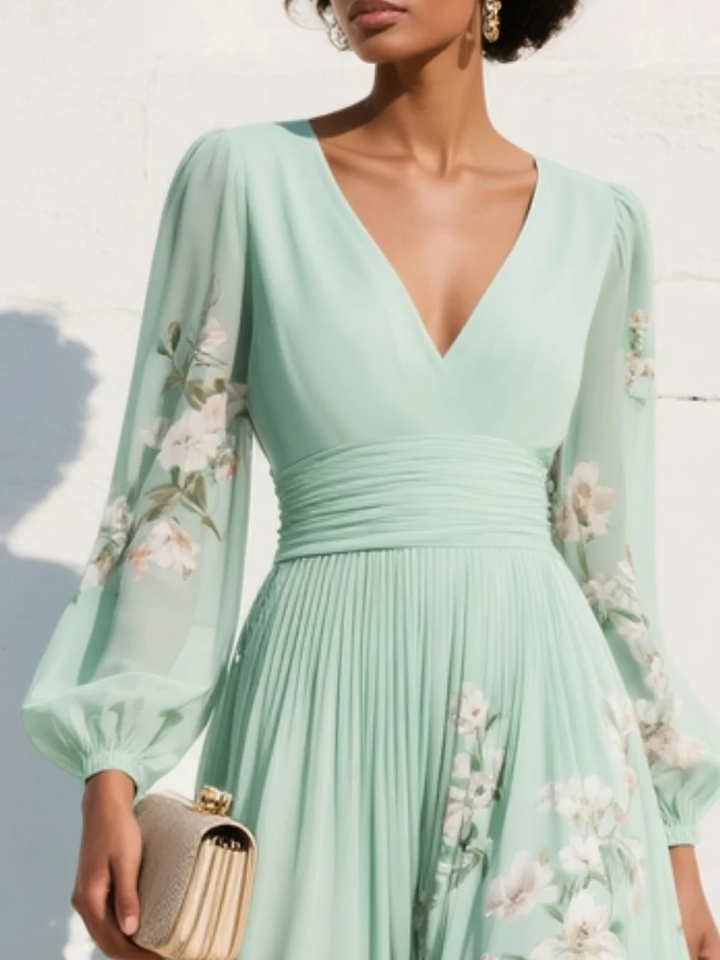 Aurora™ | Floral Pleated V-Neck Midi Dress