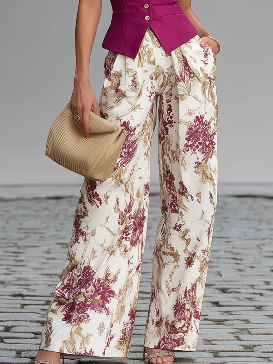 Rose Pink Sleeveless Top with Floral Wide-Leg Pants Set