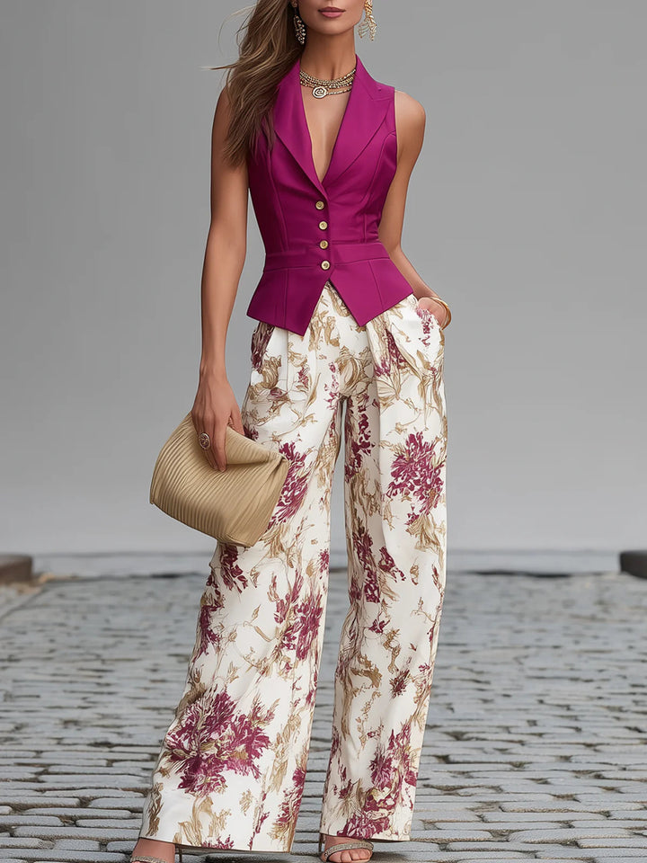 Rose Pink Sleeveless Top with Floral Wide-Leg Pants Set