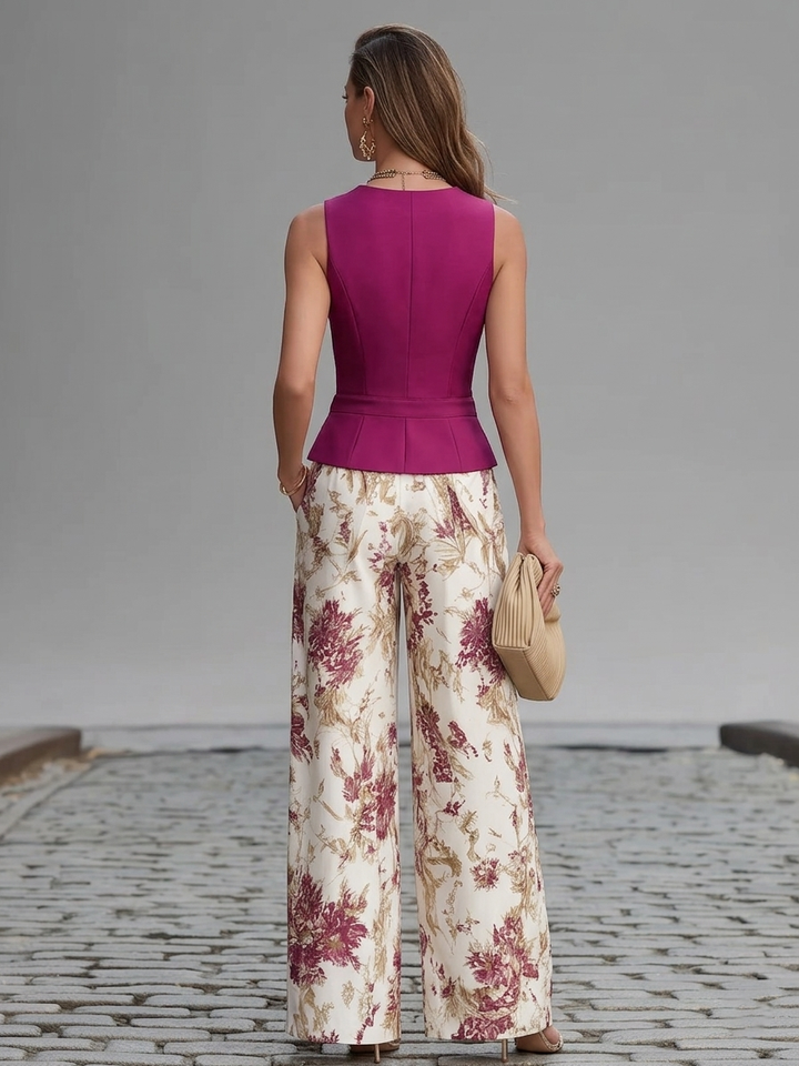 Rose Pink Sleeveless Top with Floral Wide-Leg Pants Set