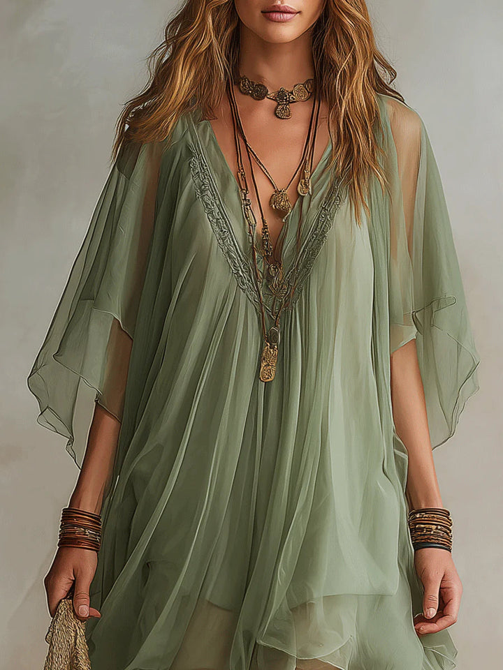Flowy Mini Dress in Green Chiffon with V-Neck and Layered Design