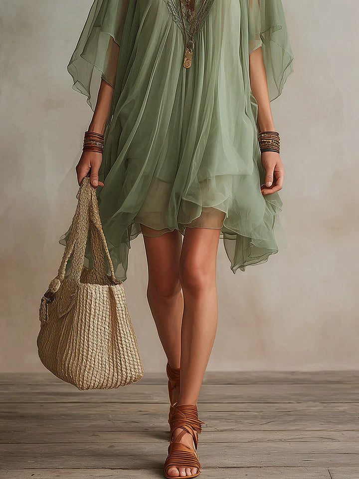 Flowy Mini Dress in Green Chiffon with V-Neck and Layered Design