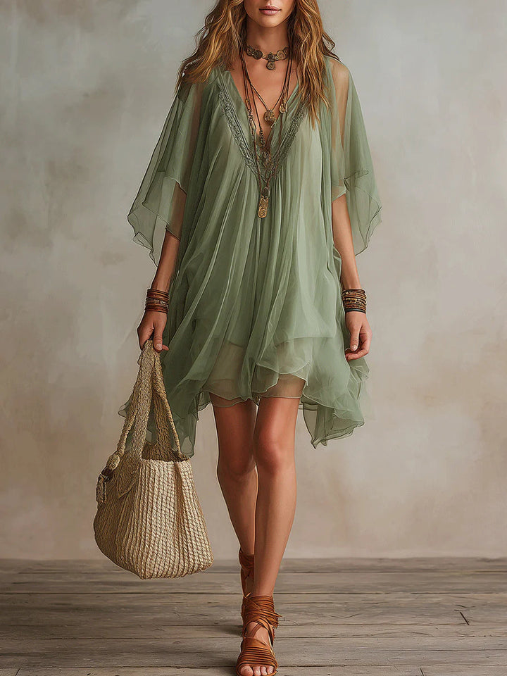 Flowy Mini Dress in Green Chiffon with V-Neck and Layered Design