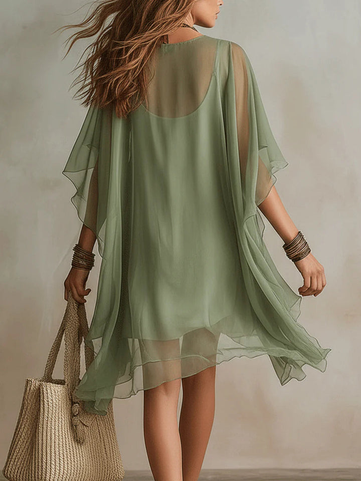 Flowy Mini Dress in Green Chiffon with V-Neck and Layered Design