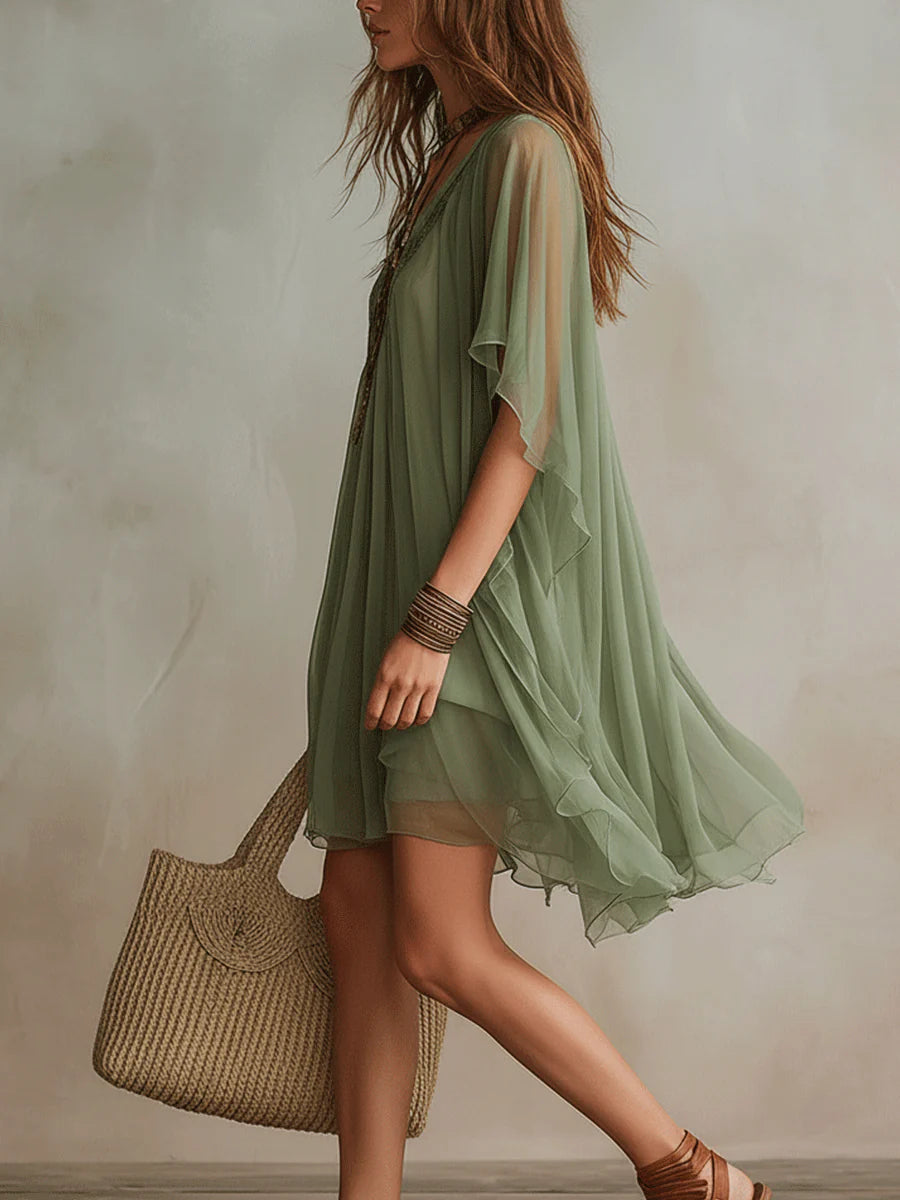 Flowy Mini Dress in Green Chiffon with V-Neck and Layered Design