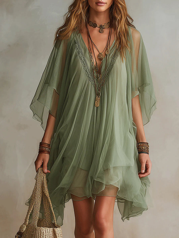 Flowy Mini Dress in Green Chiffon with V-Neck and Layered Design