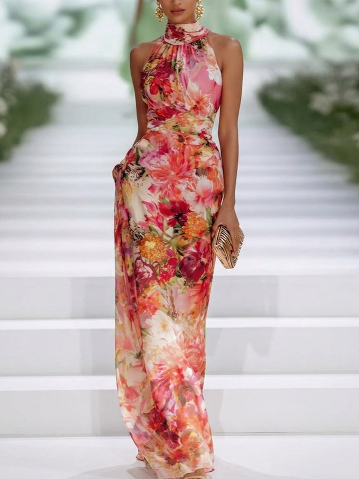 Red Floral Halter Neck Maxi Dress in Chiffon