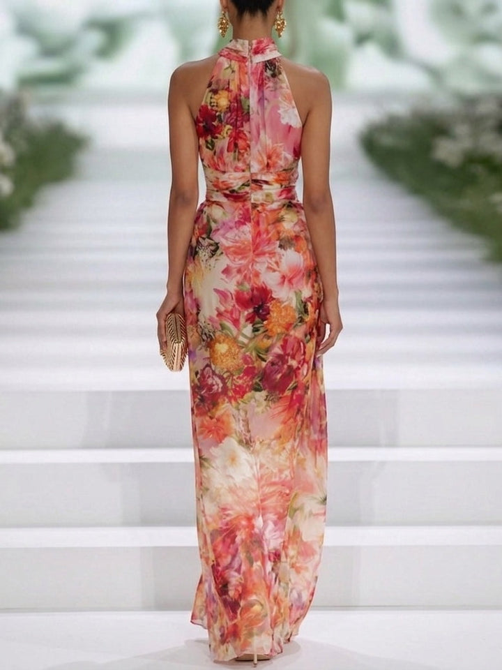 Red Floral Halter Neck Maxi Dress in Chiffon
