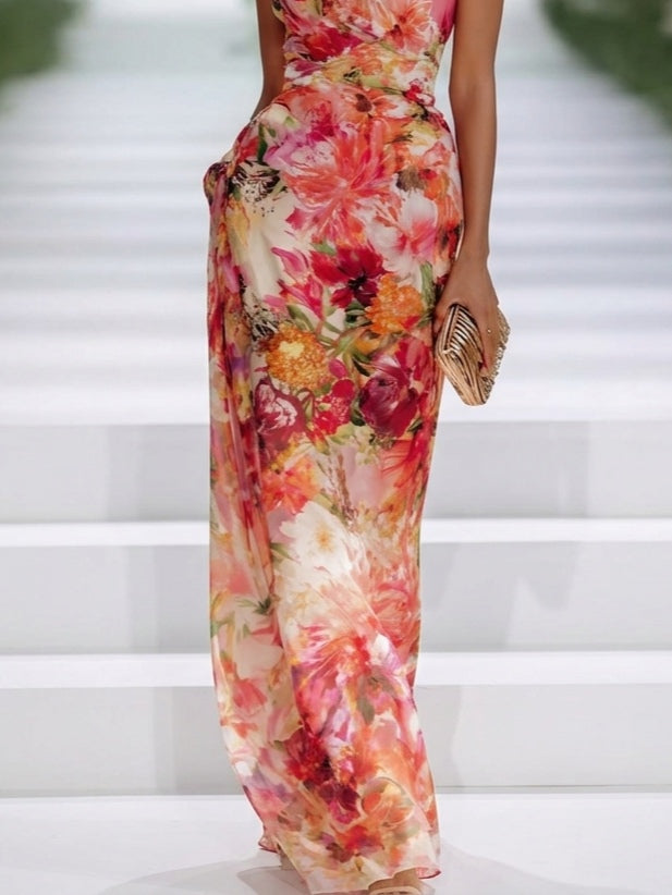 Red Floral Halter Neck Maxi Dress in Chiffon