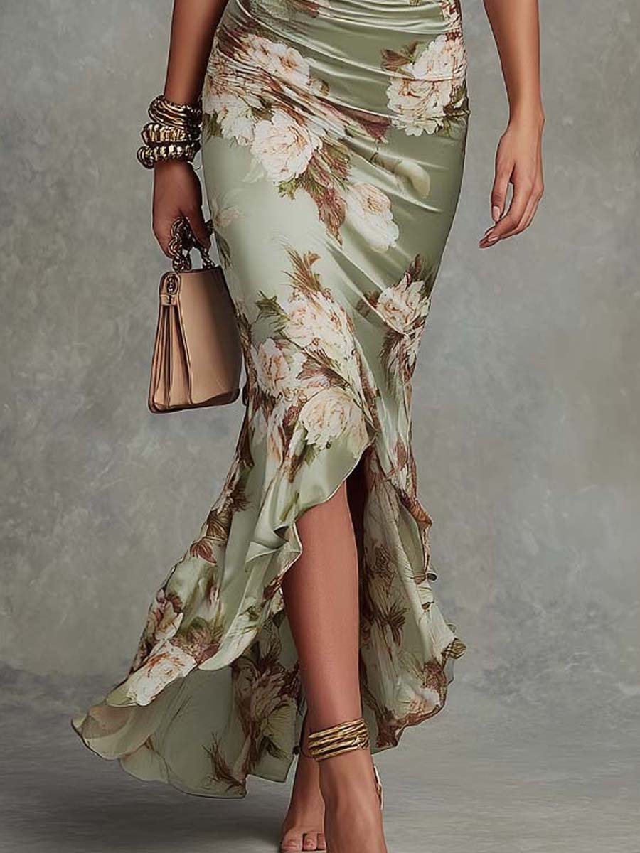 Green Floral Satin Asymmetrical Maxi Dress with Ruffled Bell Sleeves and V-Neck