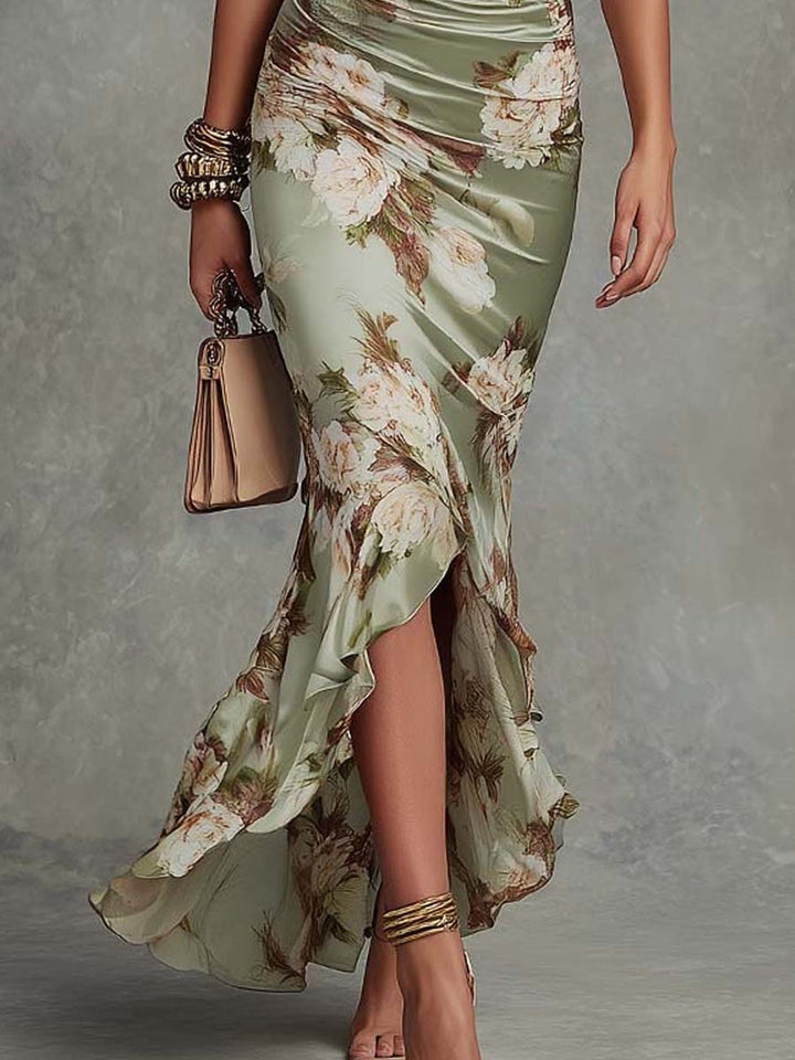 Green Floral Satin Asymmetrical Maxi Dress with Ruffled Bell Sleeves and V-Neck