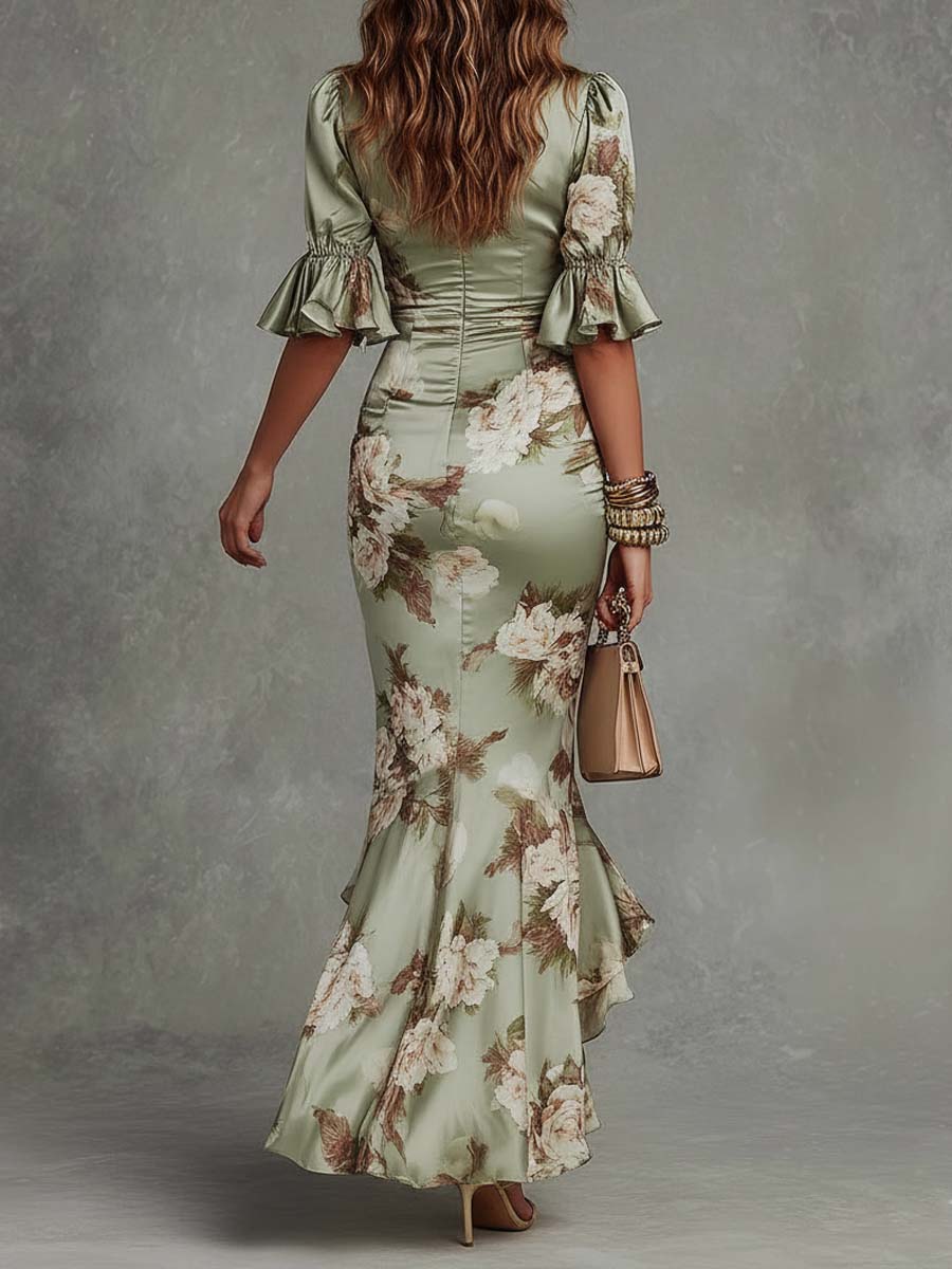 Green Floral Satin Asymmetrical Maxi Dress with Ruffled Bell Sleeves and V-Neck