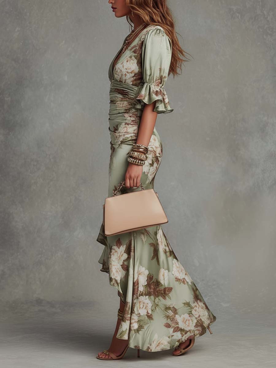 Green Floral Satin Asymmetrical Maxi Dress with Ruffled Bell Sleeves and V-Neck